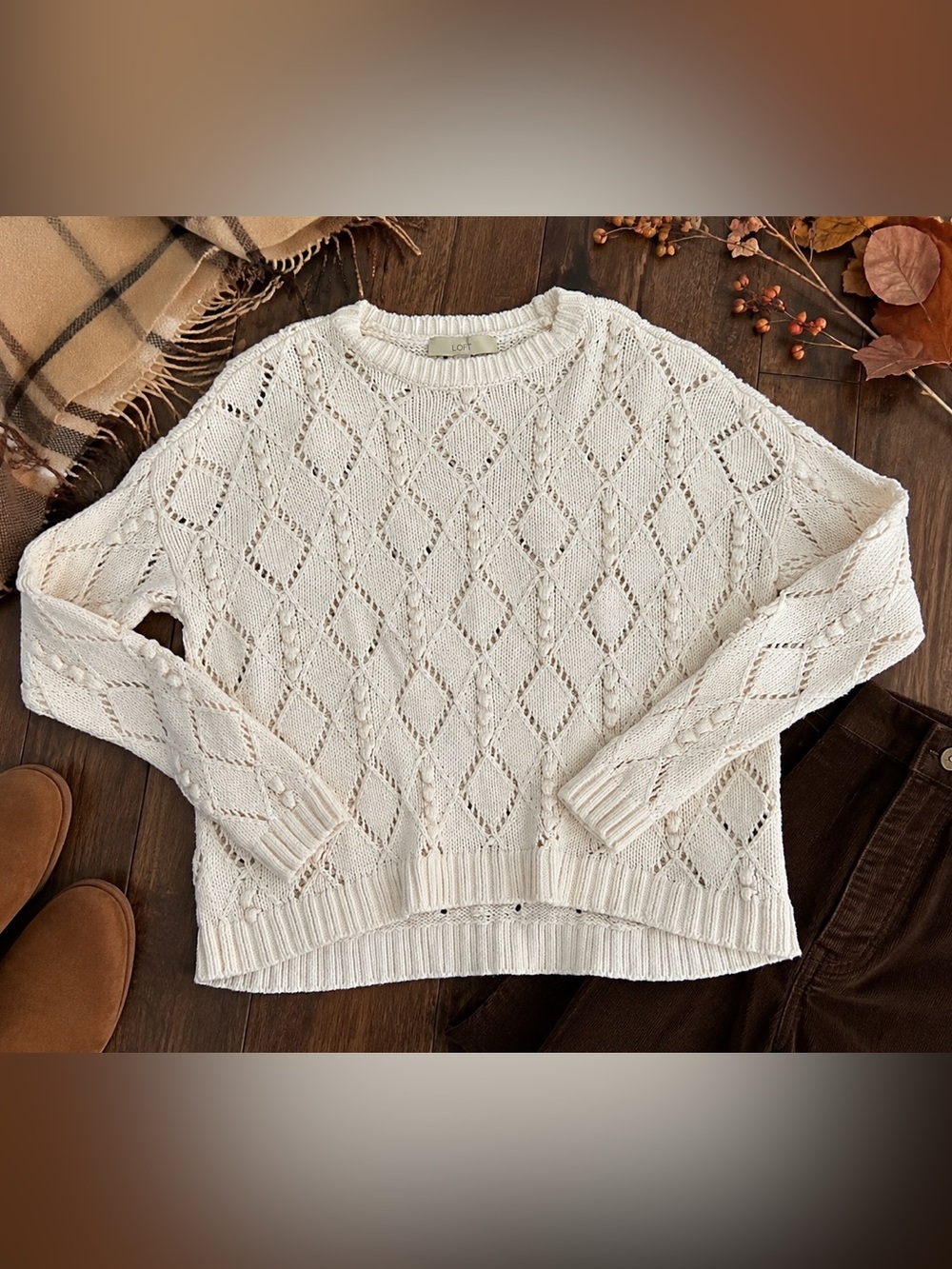LOFT Ivory Open Knit Diamond Cable Sweater Size M Cotton Blend